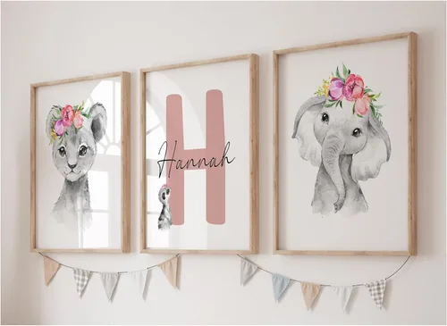 Miniatura 2 de Juego de arte de pared personalizado de safari para guardería, impresiones de animales de la selva con nombre personalizado, imágenes de decoración