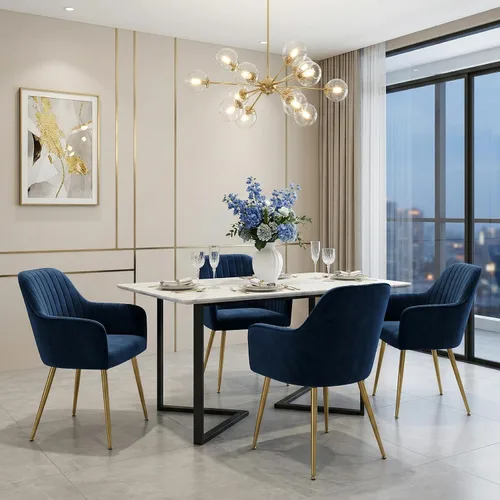 Miniatura 8 de Juego de 2 sillas de comedor de terciopelo, sillas decorativas tapizadas con patas chapadas en oro para sillas de sala de estar (azul)