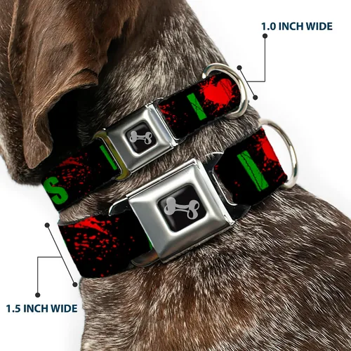 Miniatura 2 de I Heart Love Zombies con salpicadura de sangre Verde sobre Negro Cinturón de Seguridad Animal Pet Collar, Multicolor
