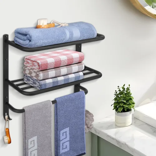 Miniatura 5 de NearMoon Toallero de baño, toallero de 3 niveles con ganchos, colgador de toallas de acero inoxidable SUS304, almacenamiento de toallas montado