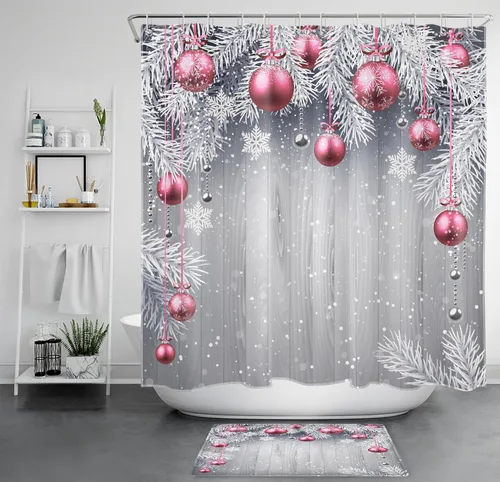 LB Pink Christmas Shower Curtain Sets with Rugs Snowflake and Fir Twigs with Xmas Ball on Rustic Grey Wood Fabric Shower Curtain with Hooks Winter