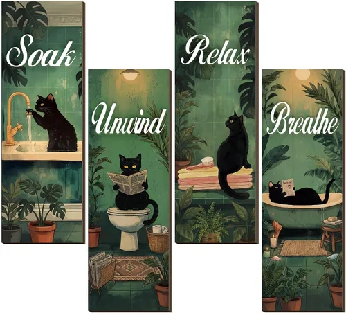 Honoson 4 piezas de arte de pared de baño de gato negro y verde, decoración de pared de baño en negro y verde, para remojar y relajar, respirar,