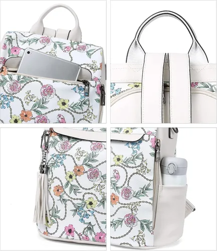 Miniatura 6 de Bromen - Mochila tipo bolso de mano de piel antirrobo para mujer a la moda, Beige floral, L