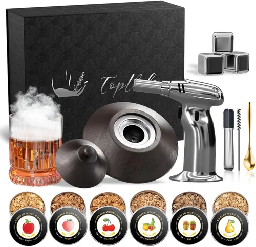Miniatura 9 de Kit de ahumador de cóctel con antorcha y vaso de whisky, chips de madera de 6 sabores y 3 piedras de whisky para whisky y bourbon, regalo para Marrón
