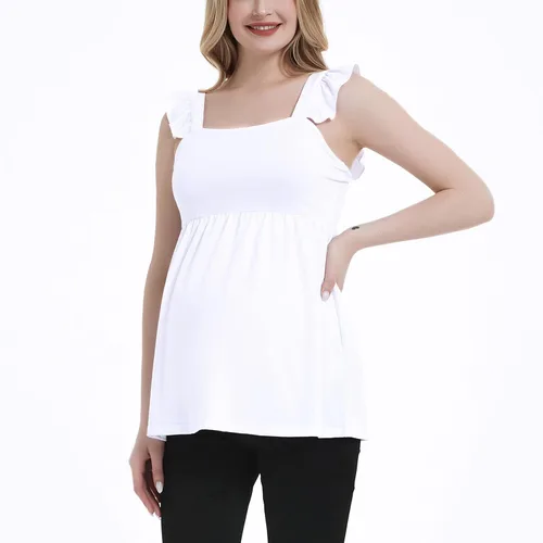 Miniatura 3 de DEBELLY Camiseta de maternidad para mujer, cuello cuadrado, tirantes con volantes, sin mangas, para embarazo, linda blusa tipo babydoll de verano