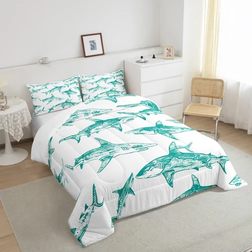 Miniatura 4 de Erosebridal Juego de edredón de tiburón, tamaño individual, juego de ropa de cama de vida oceánica para niños y niñas, color verde azulado