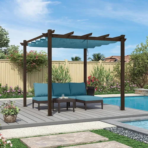 Miniatura 11 de PURPLE LEAF Pérgola Retráctil de 10' x 13' para Exteriores de Aluminio Blanco con Toldo de Sombra para Patio Refugio Moderno Marrón para Jardín