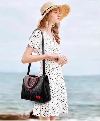 Miniatura 3 de Moda de cuero negro con bolsos rojos medianos para mujer bolso de hombro de lujo Tote Top Handle Satchel Monederos para damas