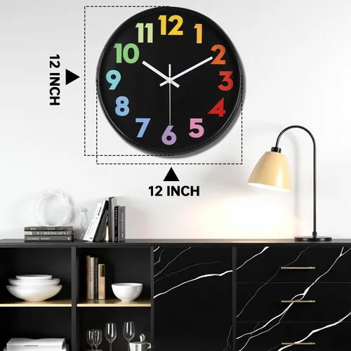 Miniatura 4 de Reloj de pared de 12 pulgadas para niños sin tictac que funciona con pilas, reloj de enseñanza para niños pequeños silencioso, colorido y decorativo