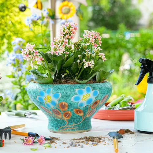 Miniatura 2 de Sungmor Macetas grandes para suculentas de 9.6 pulgadas, bonita maceta de cerámica pintada a mano con drenaje, maceta de cactus para interiores