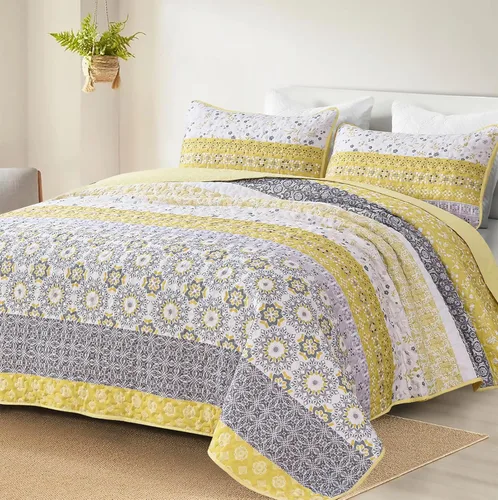 Miniatura 21 de WONGS BEDDING Juego de edredón bohemio tamaño Queen, juego de colcha de retazos a rayas bohemias aguamarina con 2 fundas de almohada, juego de ropa