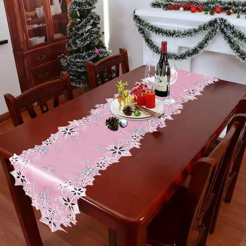 Miniatura 8 de Caminos de mesa bordados de copos de nieve rosados para Navidad e invierno (rosa, 14 x 34 pulgadas)