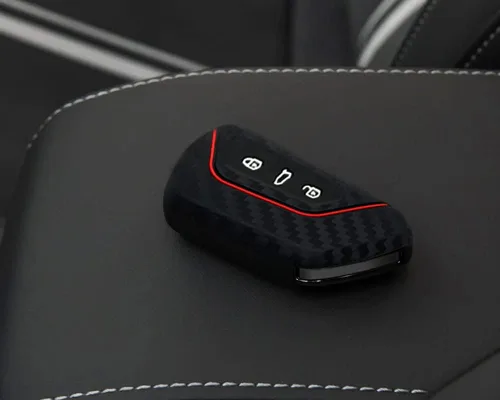 Miniatura 6 de iJDMTOY Funda para llavero de silicona suave con patrón de fibra de carbono negra con rayas rojas compatible con Volkswagen MK8 Golf/GTI ID 4, Skoda