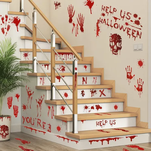 Miniatura 6 de 126 calcomanías de decoración de Halloween, 12 hojas de Halloween para ventana, pared, piso, huellas de manos sangrientas, calcomanías de huellas