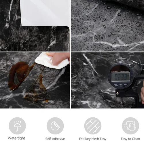 Miniatura 2 de Abyssaly Papel tapiz de granito de mármol negro de 17.7 x 196 pulgadas y papel de madera negra para despegar y pegar de 11.8 x 78.7 pulgadas