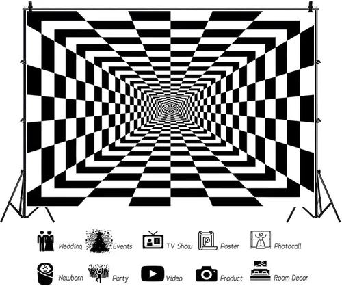 Miniatura 3 de Telón de fondo de vórtice a cuadros blanco y negro de 5 x 3 pies para fotografía, fondo abstracto 3D de túnel sin fin para decoración de fiesta