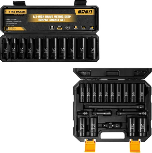 Miniatura 11 de BOEN Juego de llaves métricas de impacto profundo de 1/2 pulgada, juego de 20 piezas de acero Cr-V de 0.394 a 0.994 pulgadas, incluye barras