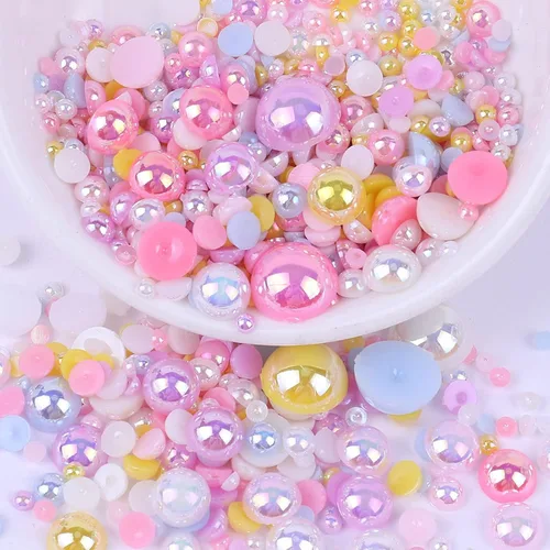 Miniatura 35 de Perlas con parte trasera plana para manualidades, 50g Mezcla Azul Rosa Blanco Medias perlas para manualidades, Tamaño mixto 3/4/5/6/8/10mm Perlas