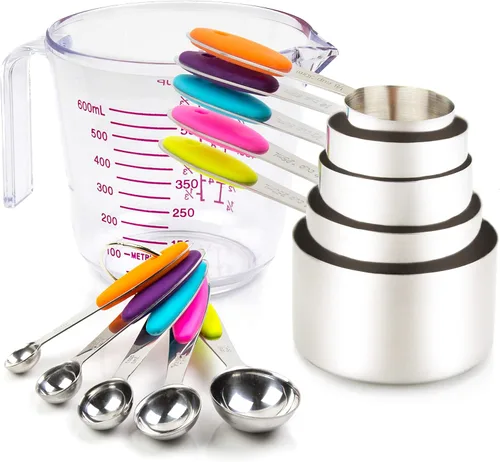 Juego de tazas y cucharas medidoras de 11 piezas. Incluye 10 cucharas y tazas medidoras de acero inoxidable y 1 taza medidora de plástico. Juego de