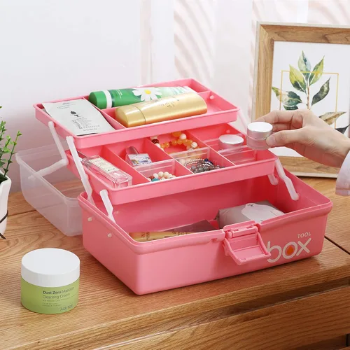 Miniatura 5 de Kinsorcai Caja de almacenamiento de plástico transparente de tres capas de 12 pulgadas con asa, caja de herramientas para manualidades, caja de Rosa
