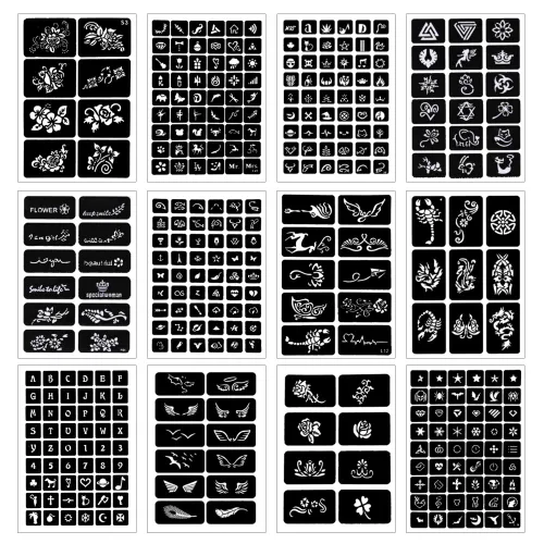 Miniatura 5 de Koogel Kit de plantillas de tatuaje de henna de 524 piezas con bolígrafo, plantillas de arte corporal reutilizables para festivales, fiestas