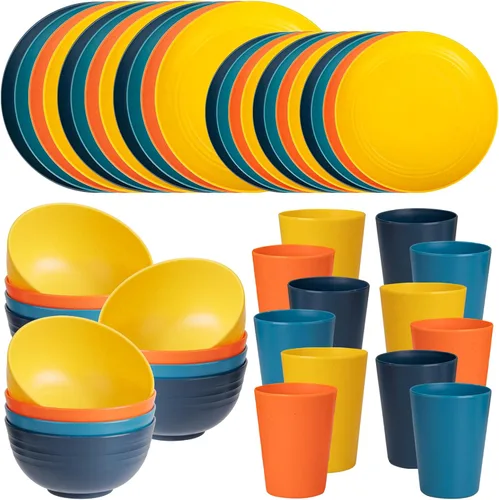 Miniatura 7 de LIYH 48 piezas de vajilla de paja de trigo, juego de platos y cuencos apto para lavavajillas, platos ligeros irrompibles de peso ligero, juego