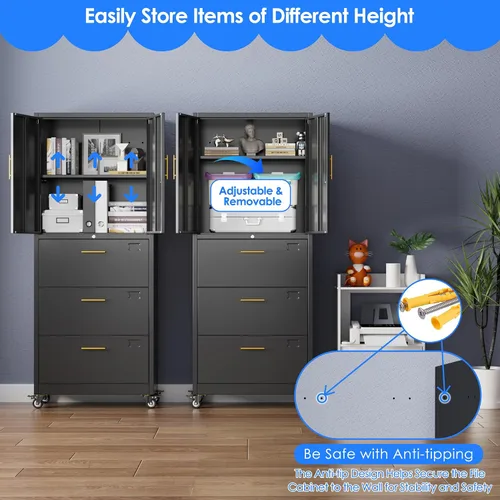 Miniatura 5 de METAN - Archivador de metal con 3 cajones y 1 estante, archivador de oficina con ruedas y cerradura, almacenamiento de oficina para tamaño Negro