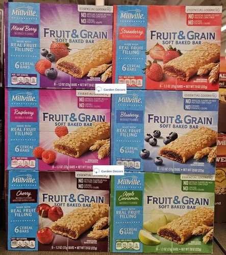 Millville Fruit & Grain Soft Baked Bar 6 sabores mixtos de bayas, frambuesa, cereza, fresa, arándano, manzana y canela, 6 barras de cereales, 7.8