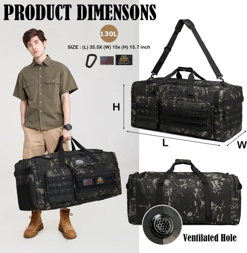 Miniatura 2 de Bolsa de lona extra grande de 130L para hombres, bolsa de lona resistente para viajes, bolsa grande de equipo de gimnasio deportivo para hockey