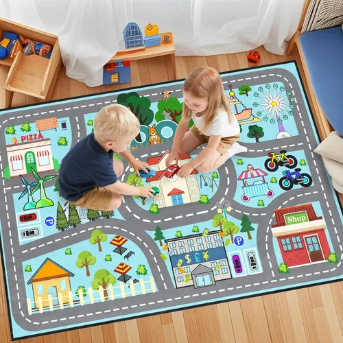 Miniatura 3 de Alfombra de carretera para habitación de niños, alfombra de juego azul para pista de carreras, alfombra de coche para dormitorio, sala