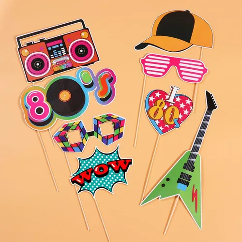 Miniatura 8 de LUOEM 21 piezas de accesorios para cabina de fotos de los años 80, divertidos accesorios de fotos para fiesta de cumpleaños con palos de madera