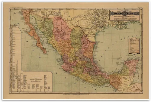 Antiguos Maps Estados Unidos Mexicanos from Atlas Mexicano circa 1884 | Póster artístico decorativo vintage para pared, 24 x 36 pulgadas (24.016 x