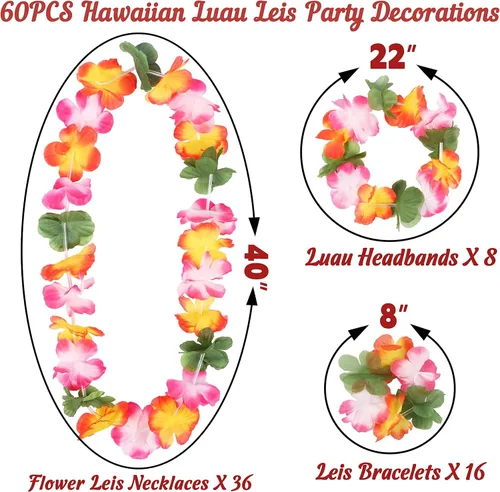 Miniatura 3 de jollylife 60 collares hawaianos de Luau Leis, pulseras, diademas tropicales de hibisco, flores tiki, suministros de fiesta de piscina de verano