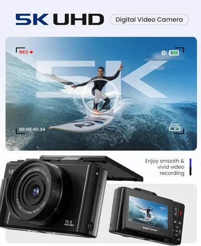 Miniatura 2 de Cámara digital 5K para fotografía – Cámara de vlogging de enfoque automático de 75 MP con tarjeta SD de 64 GB, WiFi, zoom de 18X, pantalla abatible