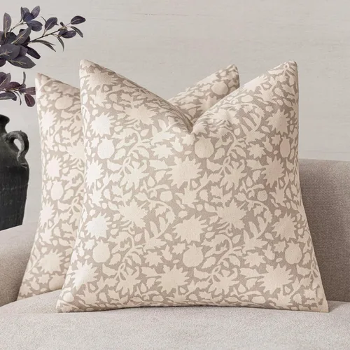 Miniatura 30 de Foindtower - Juego de 2 fundas de almohada decorativas con flores neutras estilo farmhouse, fundas de almohada boho para sofá, sofá cama