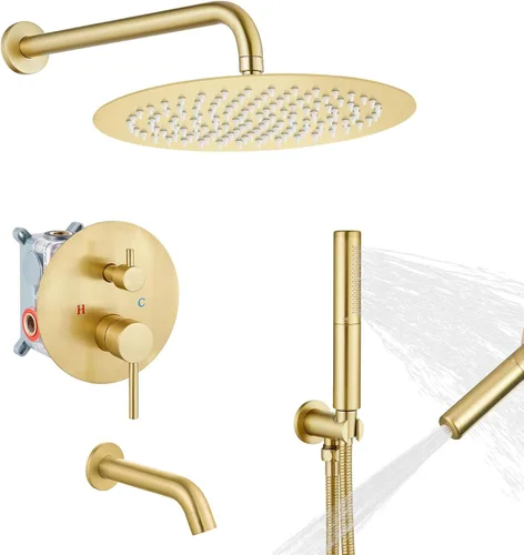 Miniatura 13 de Airuida Sistema de ducha con boquilla de bañera, cabezal de ducha redondo de 10 pulgadas con 2 funciones, ducha de mano, montaje en pared, juego