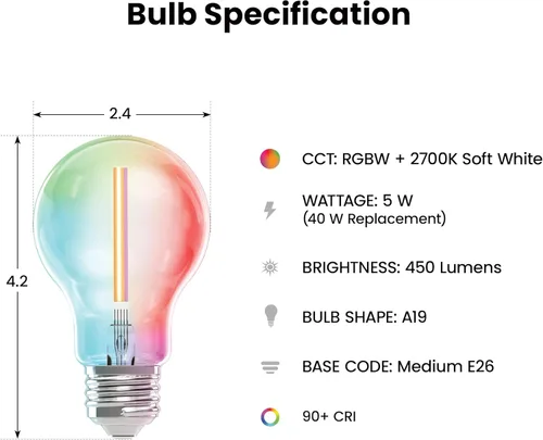 Miniatura 3 de Feit Electric Bombilla LED inteligente, equivalente a 40 W, cambio de color, regulable, funciona con Alexa y Google Home, habilitado para Wi-Fi