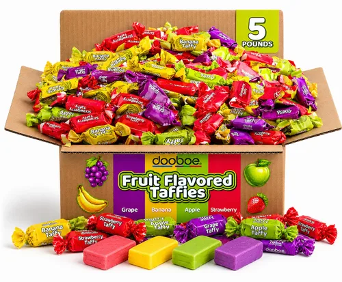 Caramelo clásico Taffy de 5 libras, 280 piezas masticables envueltas con frutas | Aprox. 280 unidades, envueltos individualmente a granel, dulces