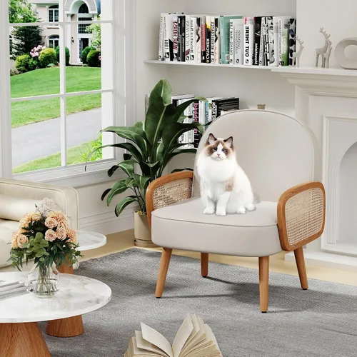 Miniatura 5 de Aklaus Silla decorativa moderna de mediados de siglo con brazos de ratán, tapizada de ratán, silla bohemia para sala de estar, dormitorio, balcón