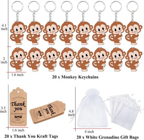 Miniatura 2 de El paquete de 60 recuerdos de fiesta de mono incluye 20 llaveros de mono, 20 etiquetas de agradecimiento, 20 bolsas de regalo para fiesta de safari
