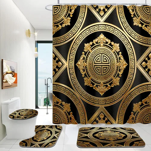 Miniatura 5 de Yizheer Juego de 4 cortinas de ducha de lujo, color negro y dorado, patrón de damasco impermeable, kit de decoración de baño