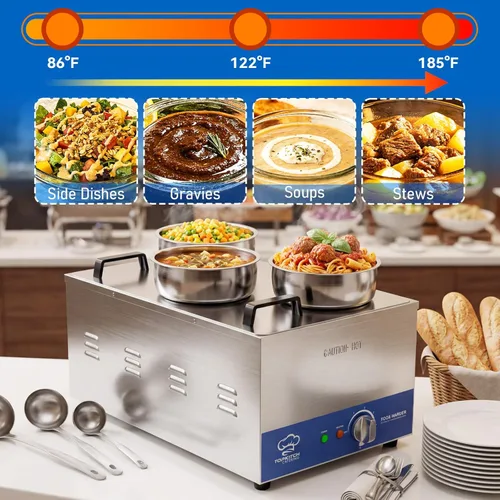 Miniatura 3 de TOPKITCH Calentador de sopa comercial 12L con olla de 3×4L para buffet Bain Marie, calentador de alimentos eléctrico comercial, tanque de una pieza