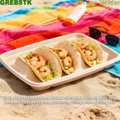 Miniatura 6 de GREBSTK Paquete de 30 soportes desechables para tacos, platos de taco de pulpa de bagazo compostables con 3 divisores para fiesta de tacos, juego