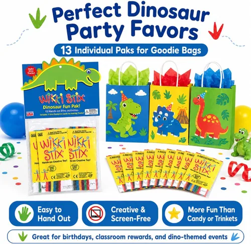 Miniatura 3 de WikkiStix - Recuerdos de fiesta de dinosaurios para niños, 13 paquetes individuales de actividades de dinosaurios con 144 Wikki Stix, tarjetas