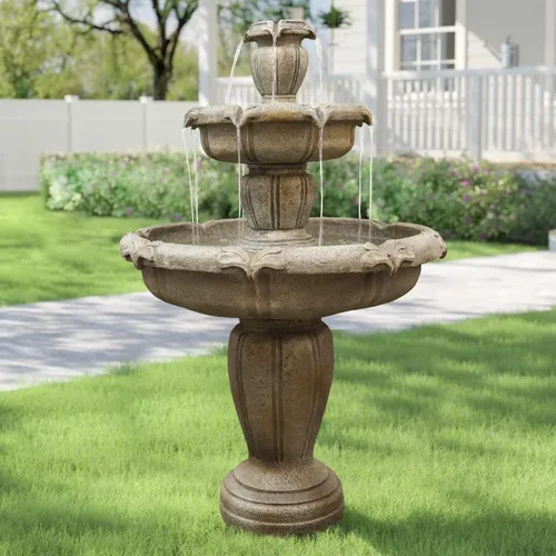 Miniatura 2 de Fuente de agua de piso al aire libre de 48" de alto, fuente de agua de hormigón de 3 niveles con bomba eléctrica sumergible - Cascada en cascada