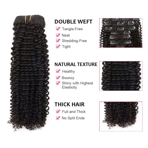 Miniatura 4 de ABH AMAZINGBEAUTY HAIR Kinkys - Extensiones de cabello rizado con clip, 3C y 4A, doble trama, cabello humano Remy real rizado para afroamericanos