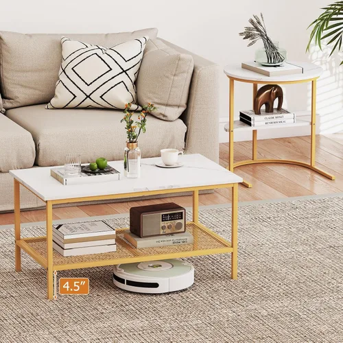 Miniatura 3 de Giantex Juego de 2 mesas auxiliares anidables, mesa rectangular desmontable y mesa redonda con estampado de mármol sintético blanco, marco de metal
