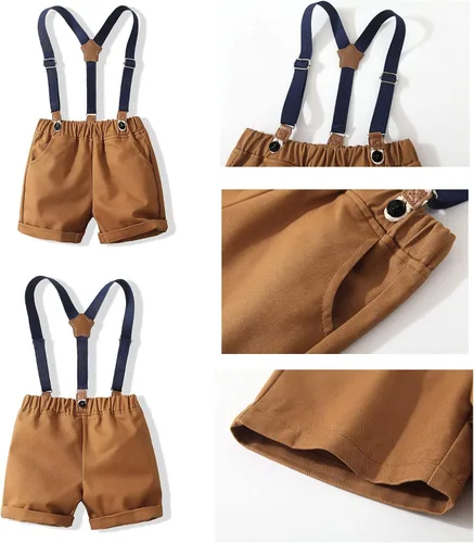 Miniatura 4 de Kimocat Ropa de bebé estilo traje de caballero camisa de manga corta + corbatín + tirantes cortos