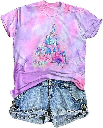 FRYAID Camiseta mágica para mujer, diseño de castillo del reino y teñido anudado, camisetas de manga corta para vacaciones familiares
