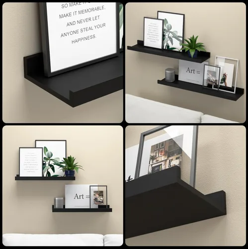 Miniatura 4 de Boswillon Juego de 2 estantes flotantes montados en la pared, modernos estantes de pared negros para almacenamiento con labio, estante de repisa